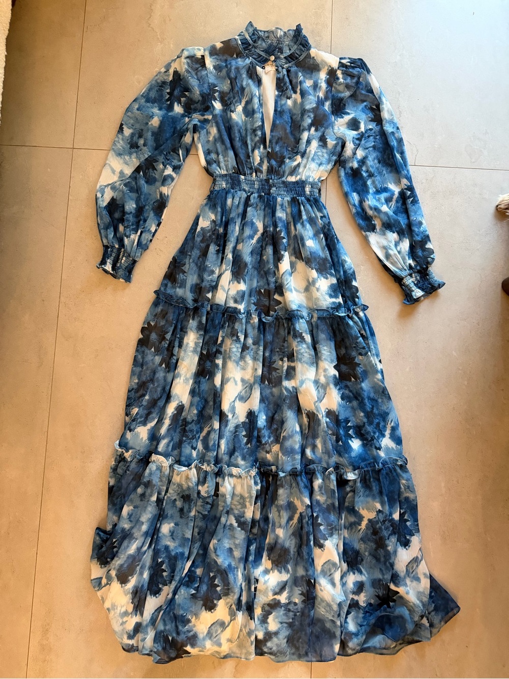 L’ATISTE Blue Watercolor Maxi Dress Ruffle High Neck Size S